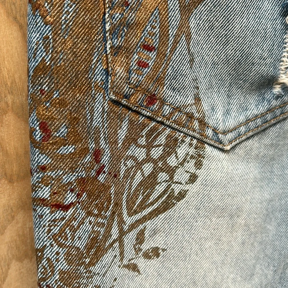 Free People Distressed Gold Paint Stencil Denim Jeans